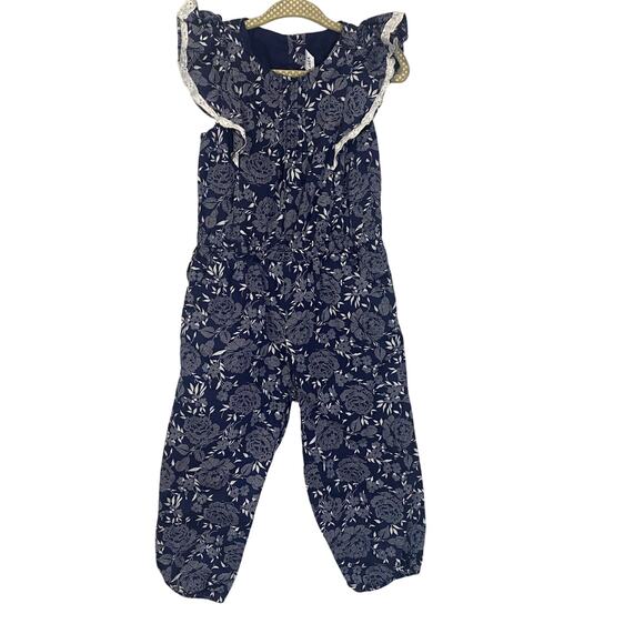 Janie and Jack Girls Navy Blue & White Floral Jumpsuit Flutter Accent Sz 3 - Picture 1 of 11